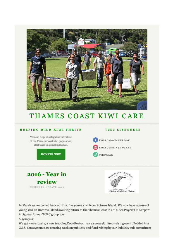 Thames Coast Kiwi Care Newsletter - February 2016