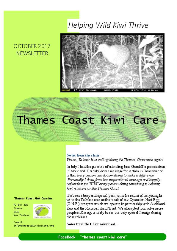 Thames Coast Kiwi Care Newsletter - October 2017
