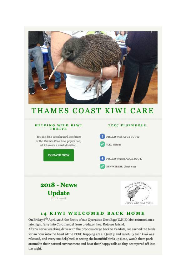 Thames Coast Kiwi Care Newsletter - July 2018