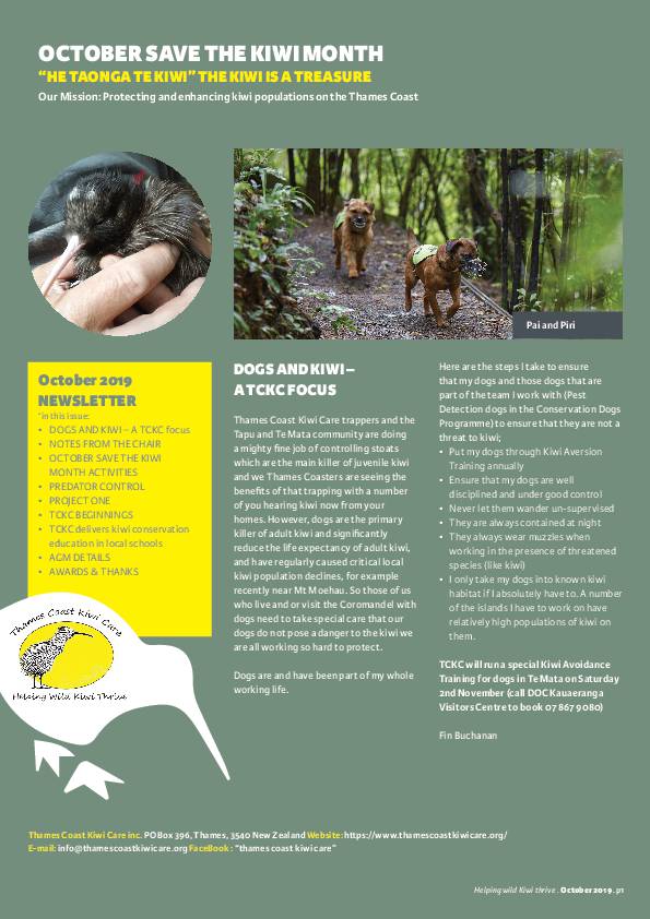 Thames Coast Kiwi Care Newsletter - October 2019