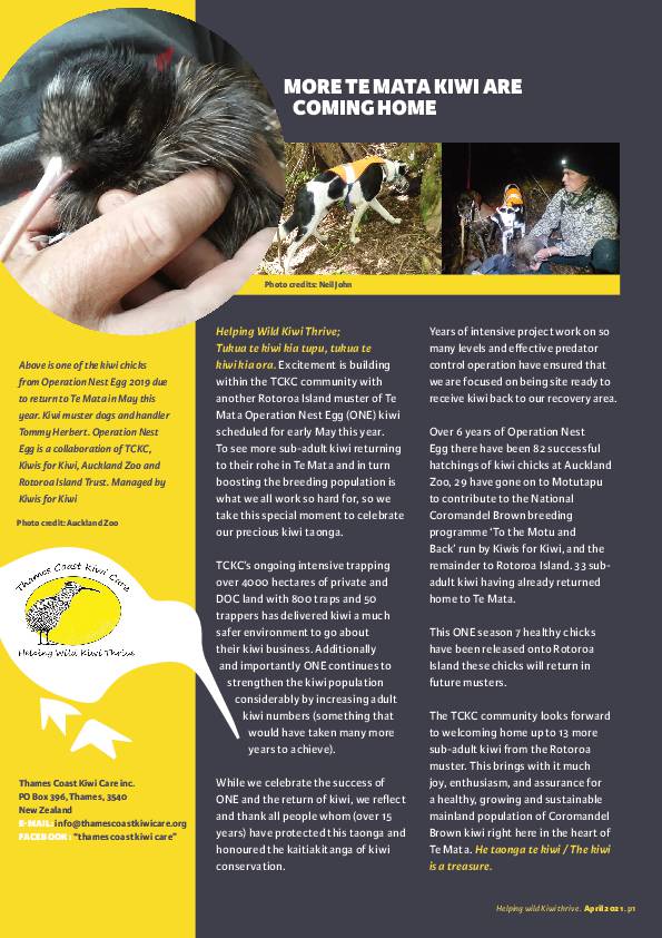 Thames Coast Kiwi Care Newsletter - April 2021