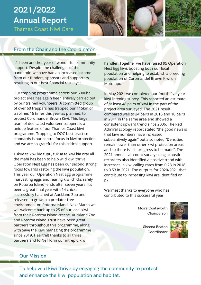 Thames Coast Kiwi Care Annual Report 2021/22